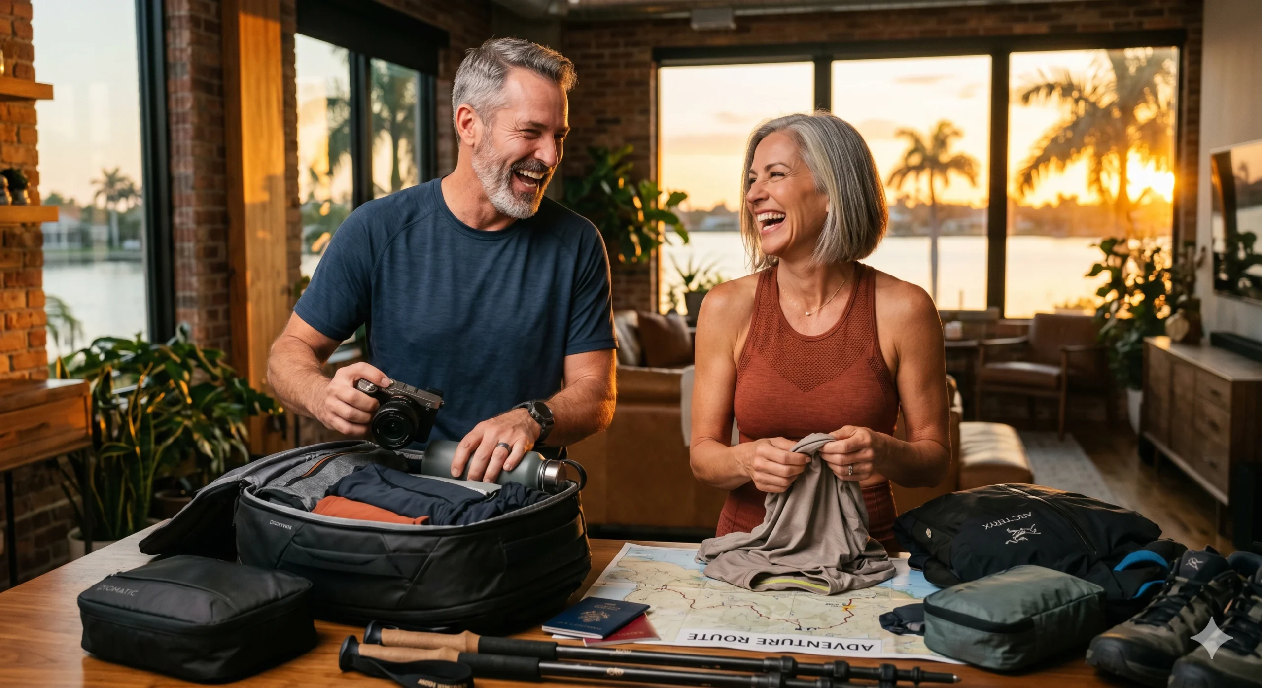 A mature couple laughing and packing travel gear in a warm, sunlit room, representing an active and empowered lifestyle.