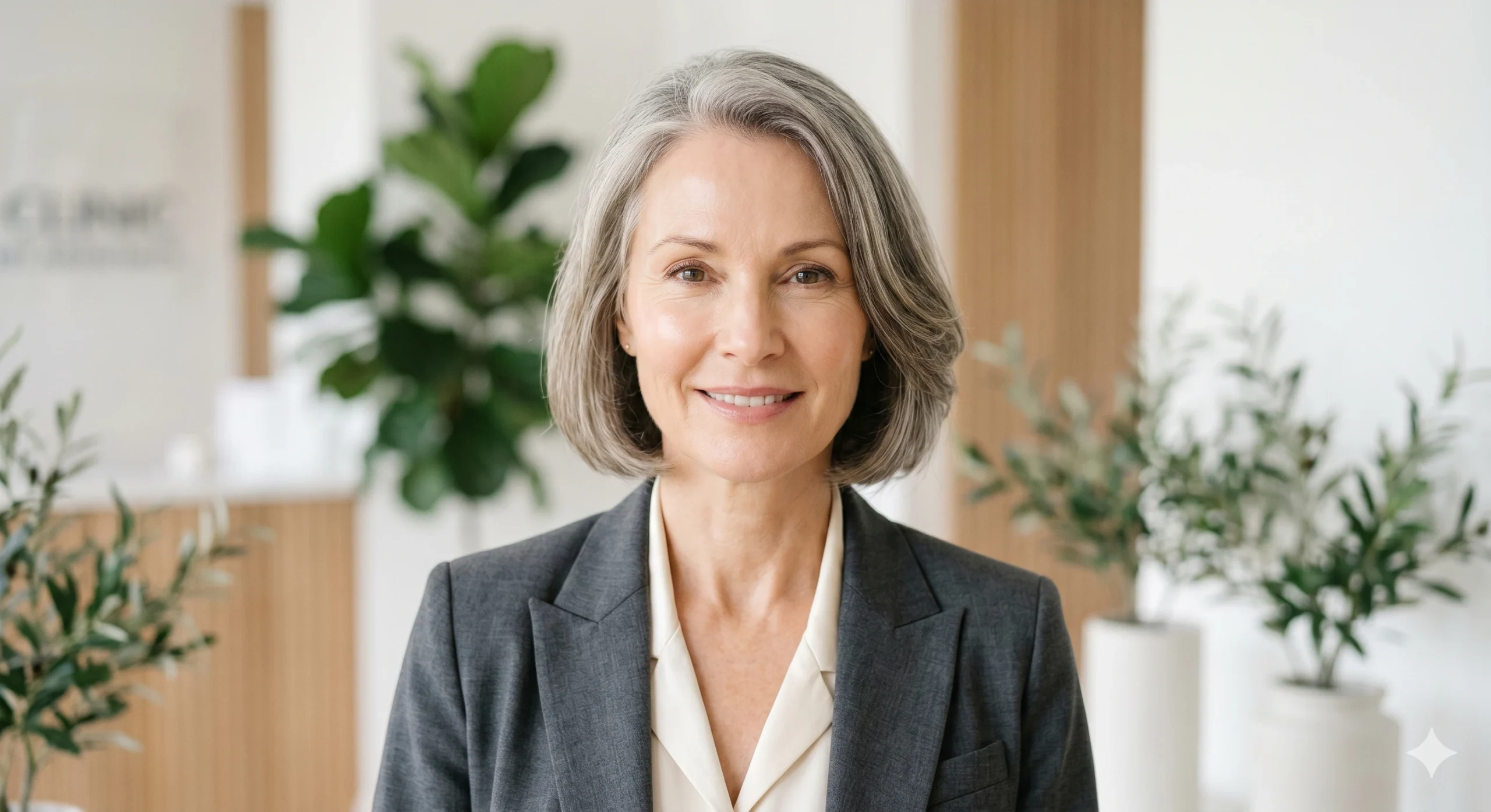 A soft-focus portrait of a woman with radiant, healthy skin in a bright wellness environment, representing science-driven beauty and inner confidence.