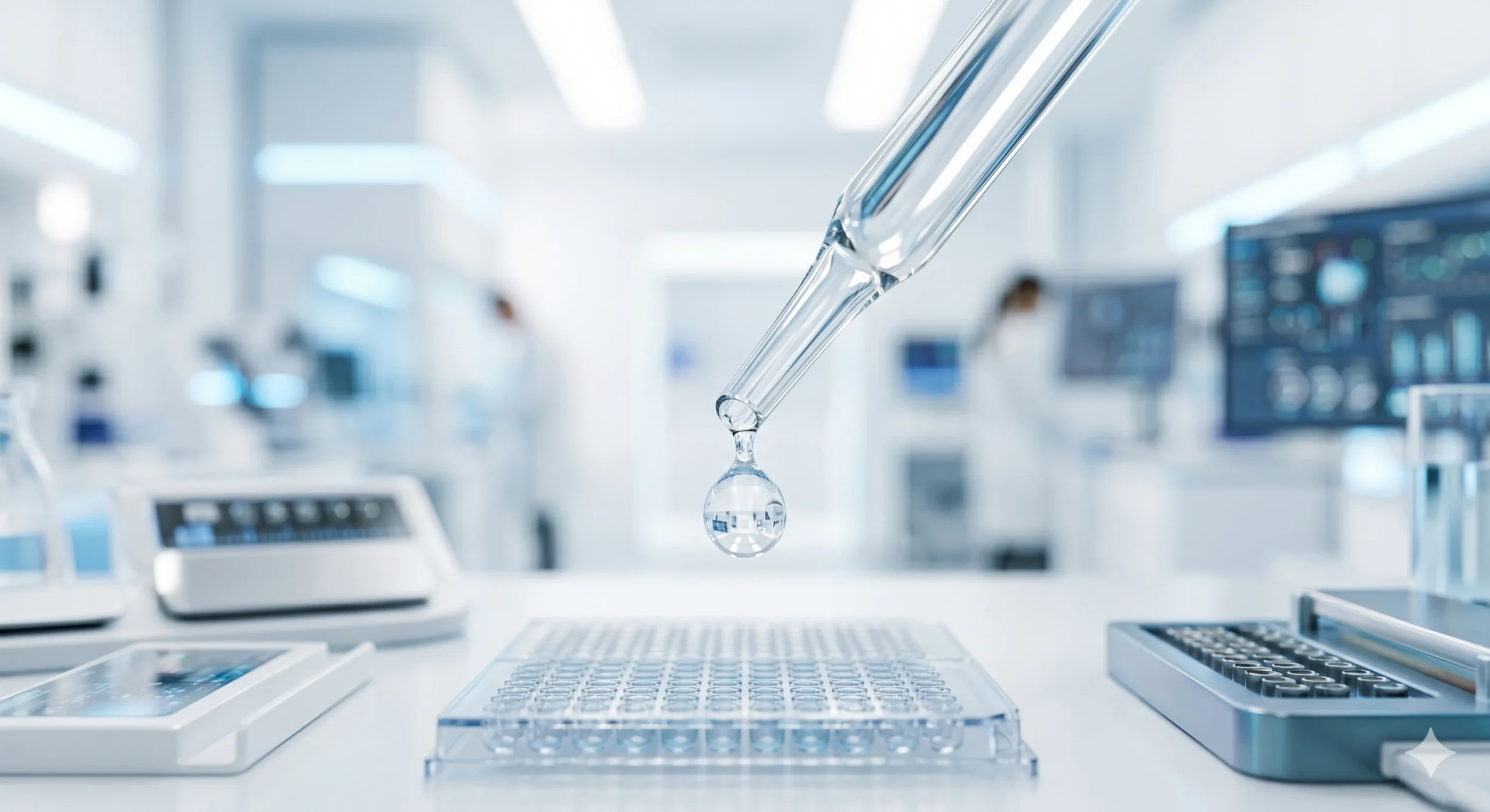 Close-up of a precise glass pipette dispensing a clear droplet in a modern laboratory, representing advanced bioscience.